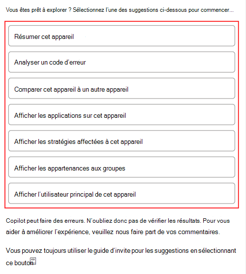 Capture d’écran montrant les invites de l’exemple Copilot après avoir sélectionné un appareil dans Microsoft Intune ou Intune centre d’administration.