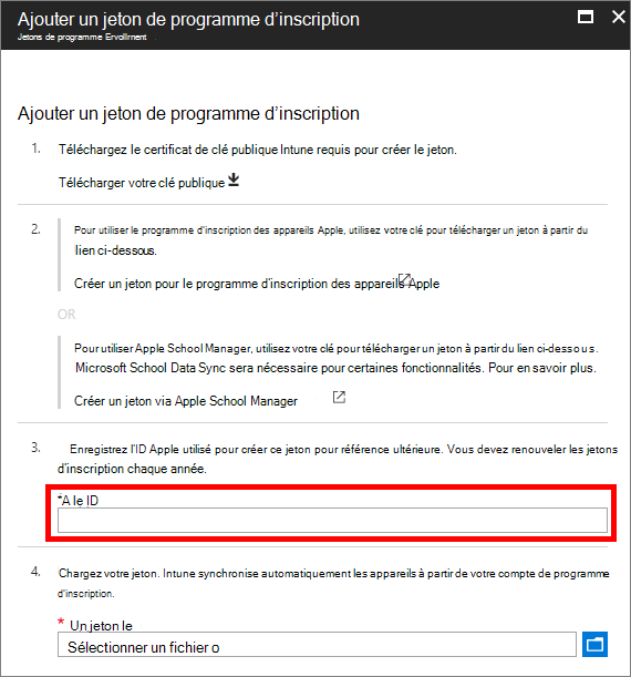 Exemple de capture d’écran montrant l’ID Apple utilisé pour créer le jeton du programme d’inscription et l’accès au jeton du programme d’inscription.