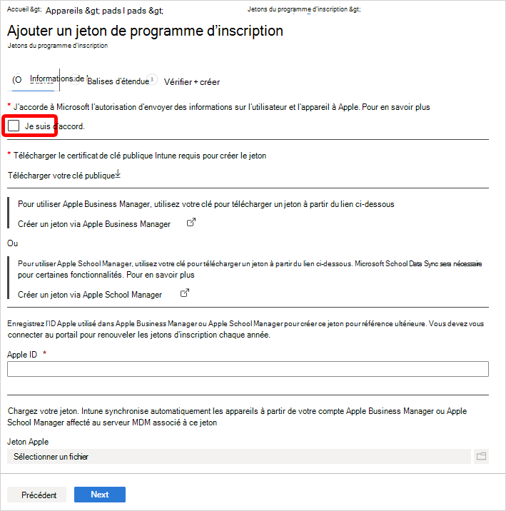 Capture d’écran montrant l’écran Ajouter un jeton de programme d’inscription.