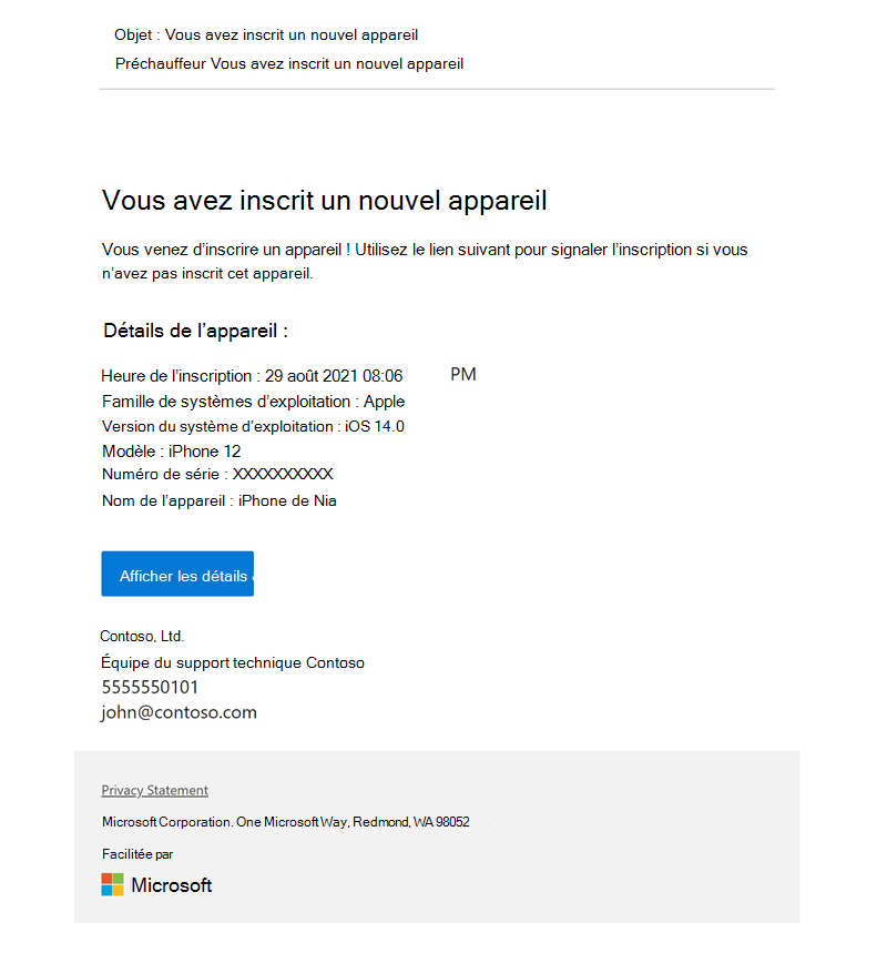 Exemple d’image d’une notification d’inscription configurée dans Intune, informant le destinataire qu’un appareil nommé *iPhone de Nia » a été inscrit et inclut des éléments HTML tels que la police en gras et un lien hypertexte, les détails de l’appareil, les informations de contact et la déclaration de confidentialité.