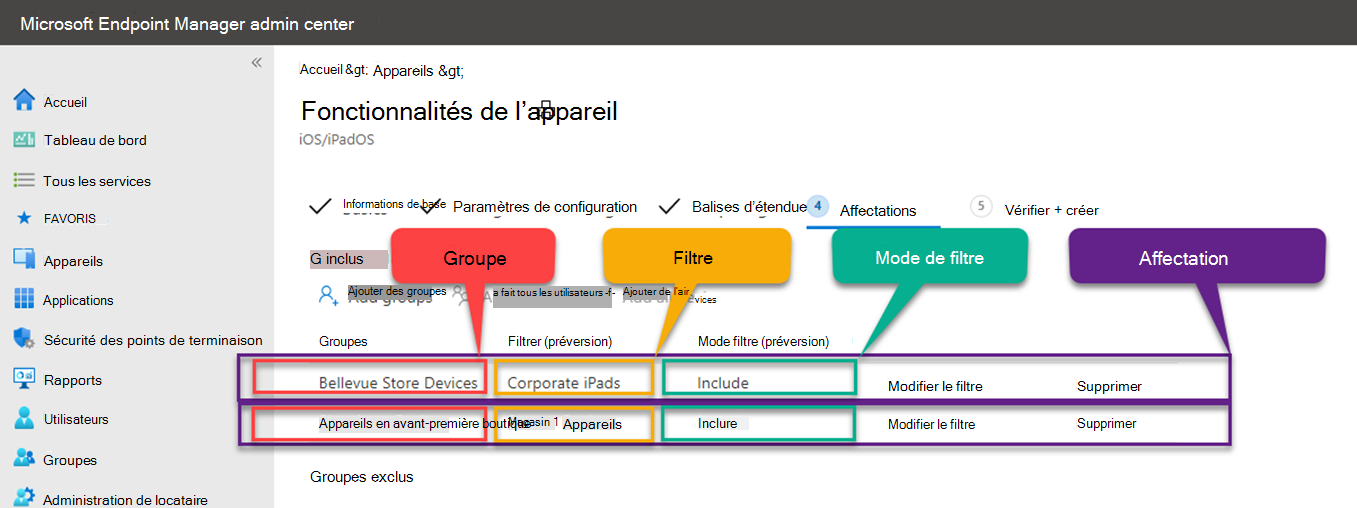 Capture d’écran montrant un exemple de conflit d’affectation lors de l’utilisation de filtres dans Microsoft Intune.