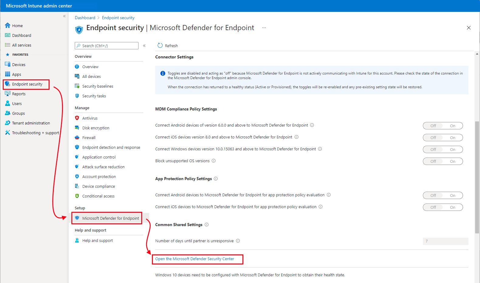 Capture d’écran montrant le patch pour ouvrir le Centre de sécurité Microsoft Defender.