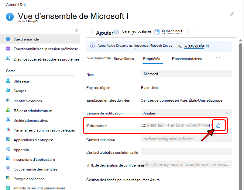 Image montrant l’ID de locataire dans le Portail Azure