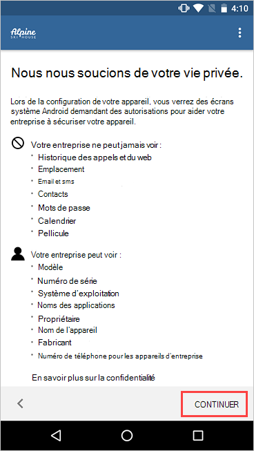 Capture d’écran de Portail d'entreprise, nous nous soucions de votre écran de confidentialité, en mettant en surbrillance le bouton Continuer.