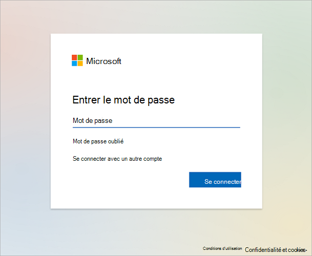 Exemple d’image de l’écran d’authentification Microsoft qui invite l’utilisateur à « Entrer un mot de passe ».