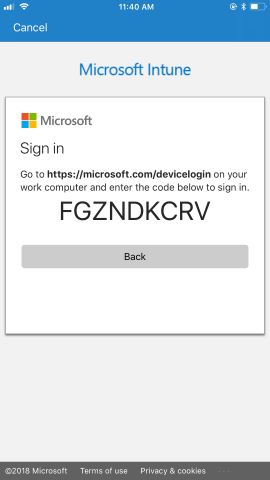 Des instructions sont fournies pour accéder à la https://microsoft.com/devicelogin page, avec un code secret unique, à partir de votre ordinateur professionnel, puis pour utiliser le code pour vous connecter.