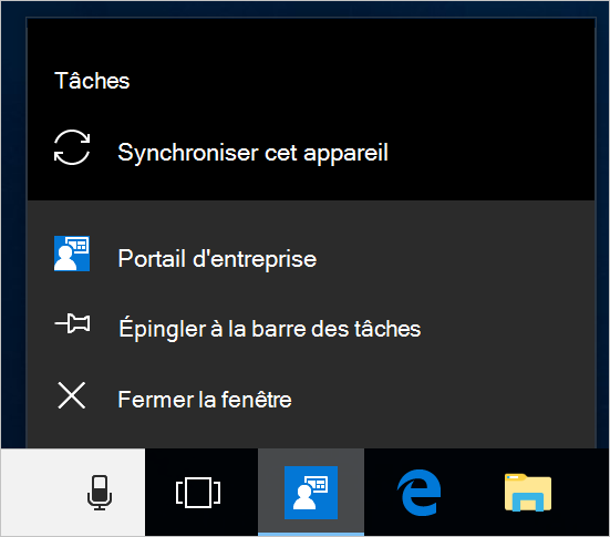 Capture d’écran de la barre des tâches Windows sur le bureau d’un appareil. Portail d'entreprise’icône d’application a été sélectionnée et affiche un menu avec les options « Épingler à la barre des tâches », « Fermer la fenêtre » et l’action « Synchroniser cet appareil ».