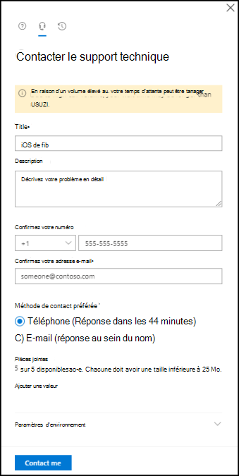 Capture d’écran montrant le formulaire de support de contact dans le centre d’administration Intune.