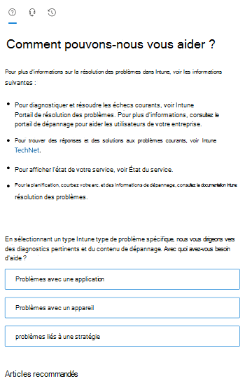 Capture d’écran montrant les options de scénario dans le centre d’administration Intune.