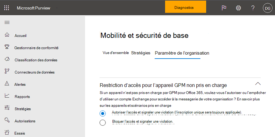 Option de blocage de l’accès mobilité et sécurité de base.