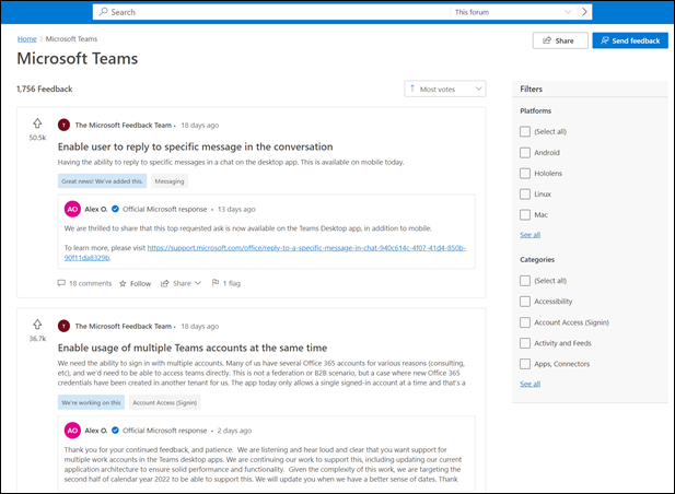 Capture d’écran : Page du portail de commentaires Microsoft Teams