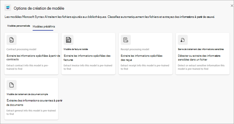 Capture d’écran montrant la section Modèles prédéfinis dans la page Options de création de modèle.