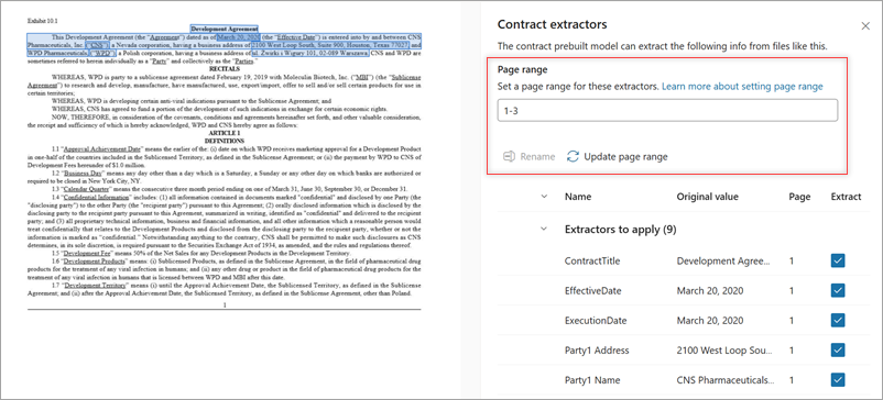 Capture d’écran du panneau Extracteurs montrant l’option Plage de pages.