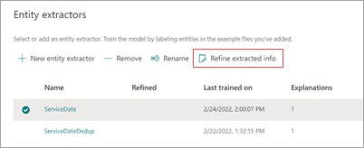 Capture d’écran de la section Extracteurs d’entités montrant l’option Affiner les informations extraites mise en surbrillance.