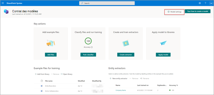 Capture d’écran de la page Modèles avec l’option Paramètres du modèle mise en évidence.