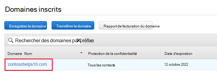 Capture d’écran des domaines inscrits dans laquelle vous sélectionnez le nom de domaine pour l’enregistrement TXT de vérification de domaine.