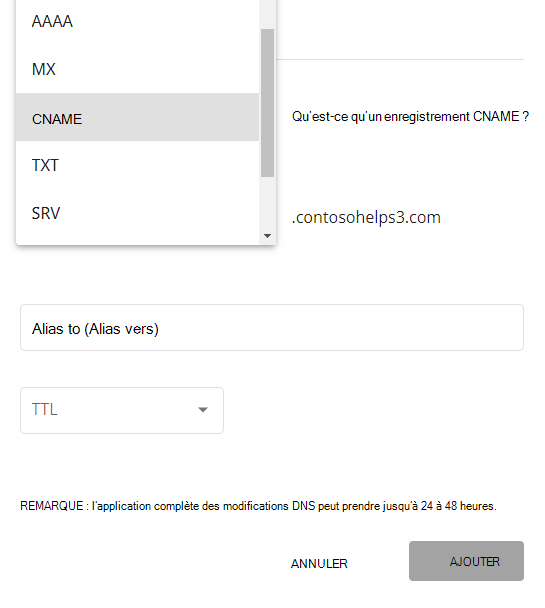 Sélectionnez type CNAME dans la liste déroulante.