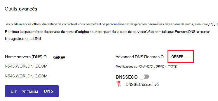 En regard de Enregistrements DNS avancés, sélectionnez GÉRER.