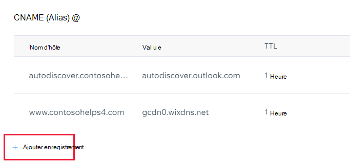 Capture d’écran montrant où vous sélectionnez Ajouter un enregistrement pour ajouter un enregistrement CNAME.