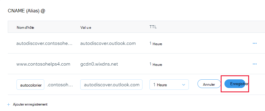 Capture d’écran de l’endroit où vous sélectionnez Enregistrer pour ajouter un enregistrement CNAME.