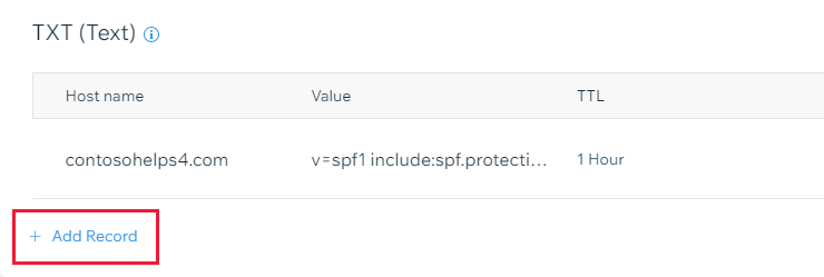 Capture d’écran de l’endroit où vous sélectionnez Ajouter un enregistrement pour ajouter un enregistrement TXT de vérification de domaine.