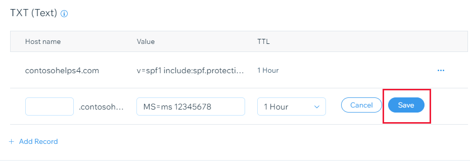 Capture d’écran de l’emplacement où vous sélectionnez Enregistrer pour ajouter un enregistrement TXT de vérification de domaine.