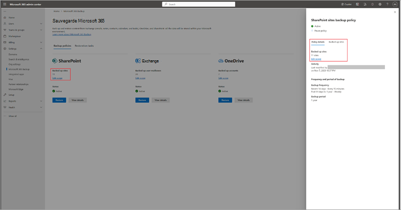 Capture d’écran montrant l’affichage et la modification de la stratégie de sauvegarde pour SharePoint dans le Centre d’administration Microsoft 365.