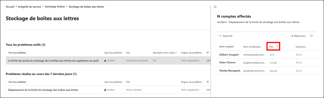 Capture d’écran montrant un exemple de la colonne status dans le volet compte affecté.