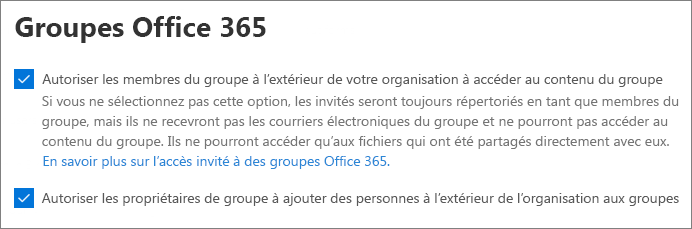 Capture d’écran des paramètres d’invité des groupes Microsoft 365 dans le Centre d’administration Microsoft 365.