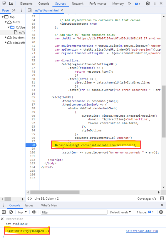 Capture d’écran de la fenêtre des outils de développement d’un navigateur web mettant en évidence la sortie console.log.