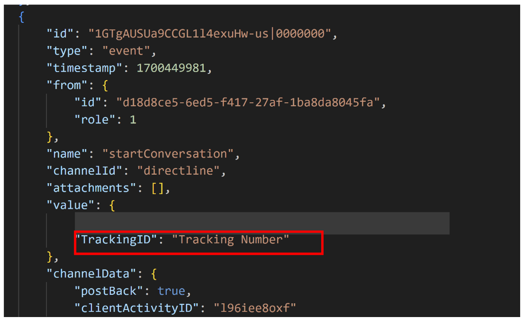 Capture d’écran du bloc de code JSON mettant en évidence le champ TrackingID et la sortie du numéro de suivi.