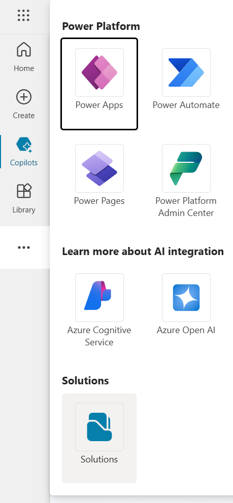 Capture d’écran de l’icône Solutions dans le menu du volet de navigation latéral. Copilot Studio 