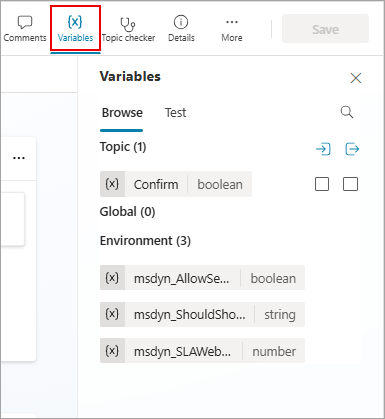 Capture d’écran du volet Variables dans le canevas de création de Copilot Studio avec le bouton Variables en surbrillance.