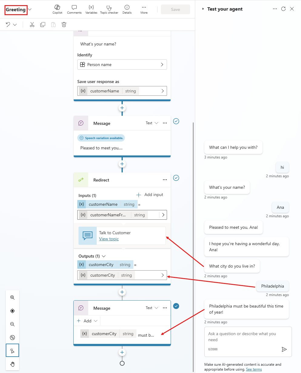 Capture d’écran du flux de conversation du sujet Accueil avec une variable renvoyée dans un nœud de redirection.