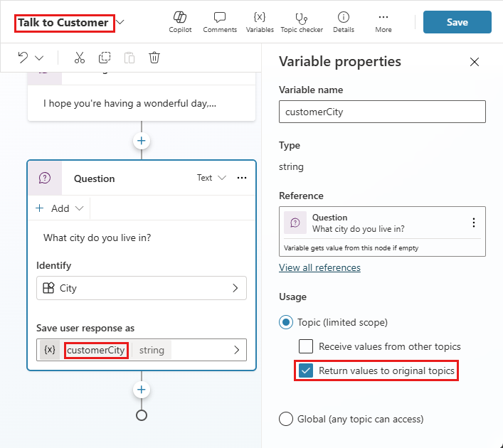 Capture d’écran de la rubrique Conversation avec le client avec la variable customerCity et ses propriétés mises en évidence.