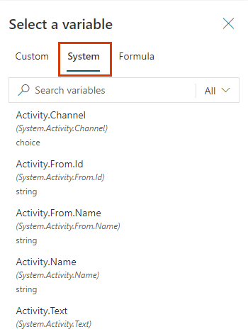 Capture d’écran des variables système dans une rubrique d’agent.