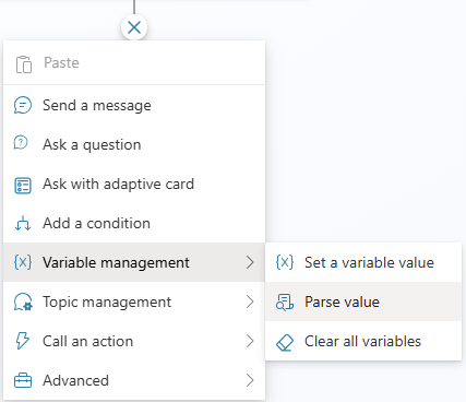 Capture d’écran du menu d’ajout d’un nœud, en sélectionnant Gestion des variables, puis Analyser la valeur.