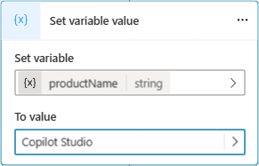 Capture d’écran montrant l’utilisation d’une valeur littérale pour un paramètre d’entrée variable nommé productName.