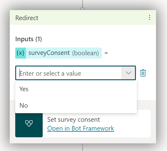 Définissez le choix de réponse pour l’action Définir le consentement à l’enquête.