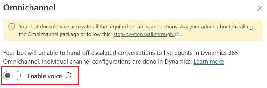 Capture d’écran de la section Dynamics 365 dans Copilot Studio avec le bouton bascule **Activer la voix** en surbrillance.