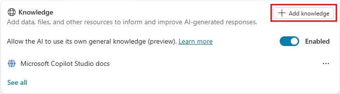 Capture d’écran de l’emplacement du bouton Ajouter des connaissances dans l’onglet Vue d’ensemble.