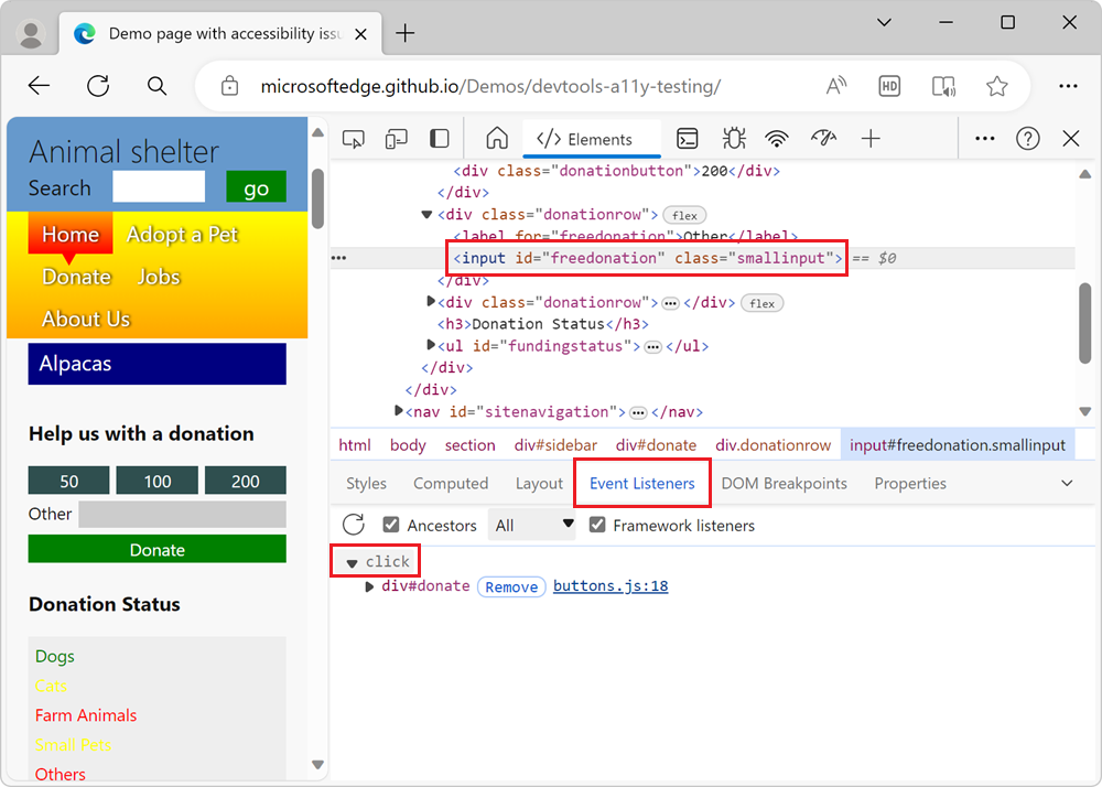 L’onglet Écouteurs d’événements montrant un lien vers le code JavaScript qui permet au formulaire de fonctionner