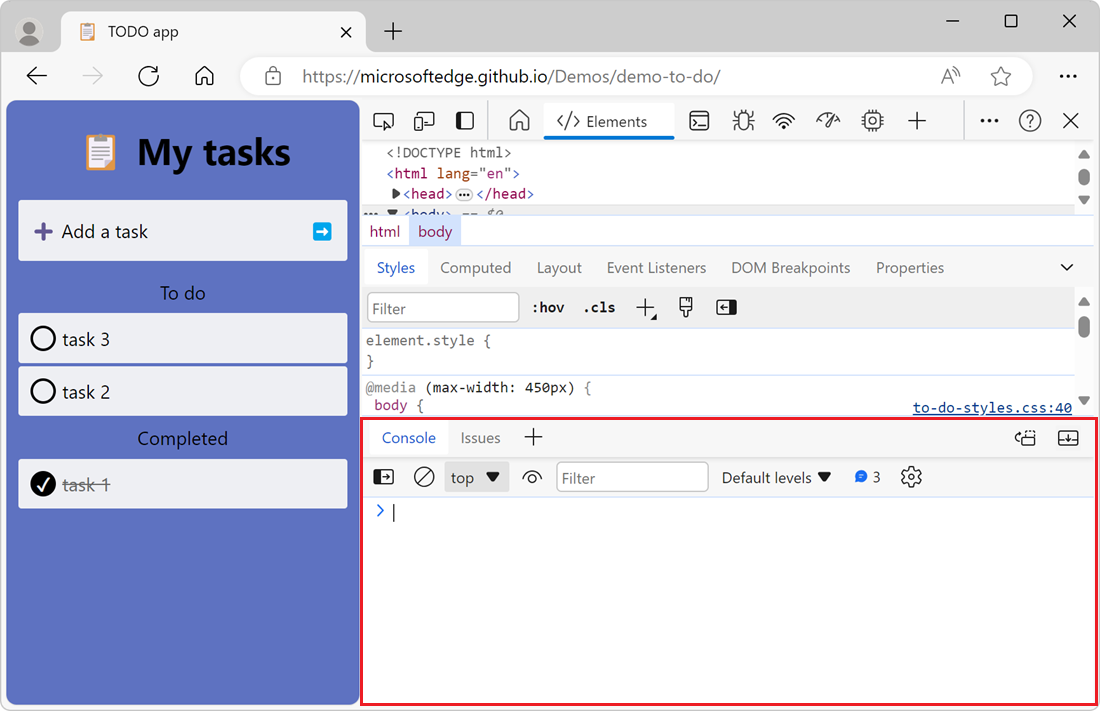 L’outil Console dans la barre d’outils Affichage rapide