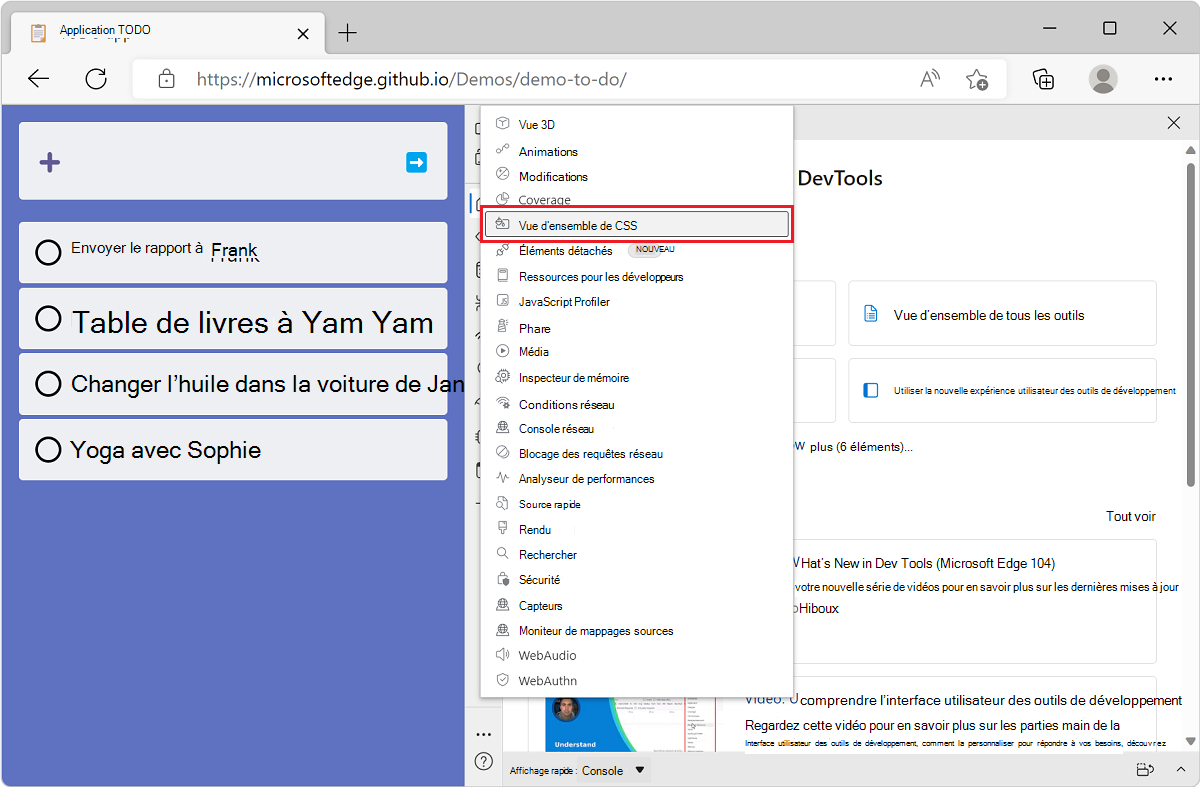 Microsoft Edge, avec l’application de démonstration liste toDO et DevTools à côté de celle-ci, affichant la liste des outils à partir du bouton Autres outils