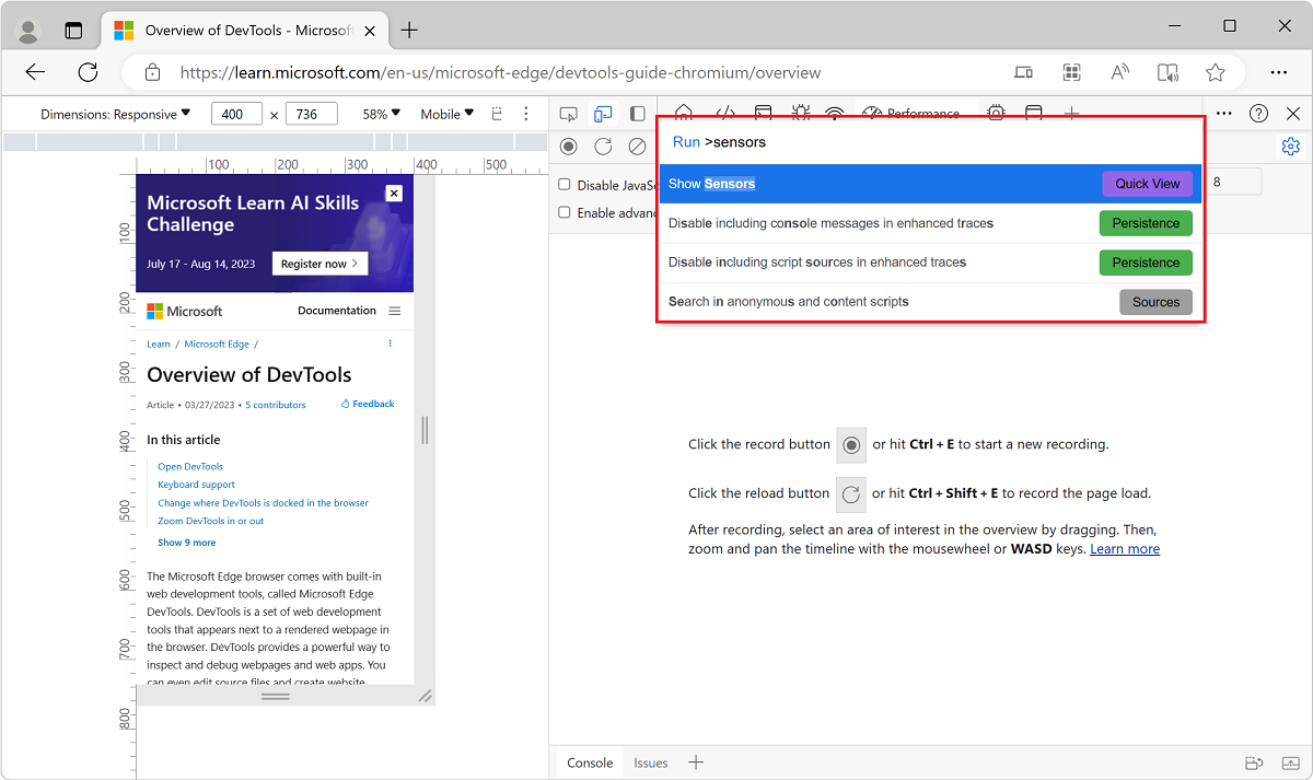 Affichage des capteurs pour la géolocalisation, à partir du menu Commandes