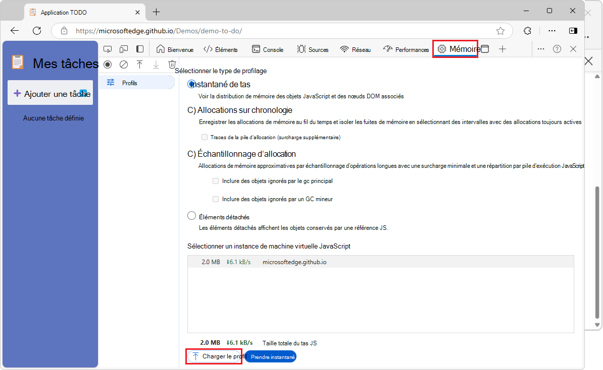 Microsoft Edge, montrant l’outil Mémoire dans DevTools, avec le bouton Charger