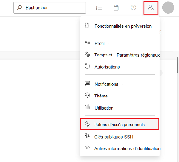 Menu « Paramètres utilisateur » dans Azure DevOps, avec la commande « Jetons d’accès personnels »