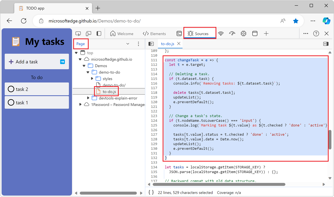 L’outil Sources dans Edge, avec le fichier to-do.js ouvert et quelques lignes de code sélectionnées