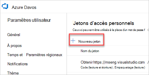 Page « Jetons d’accès personnels » dans Azure DevOps