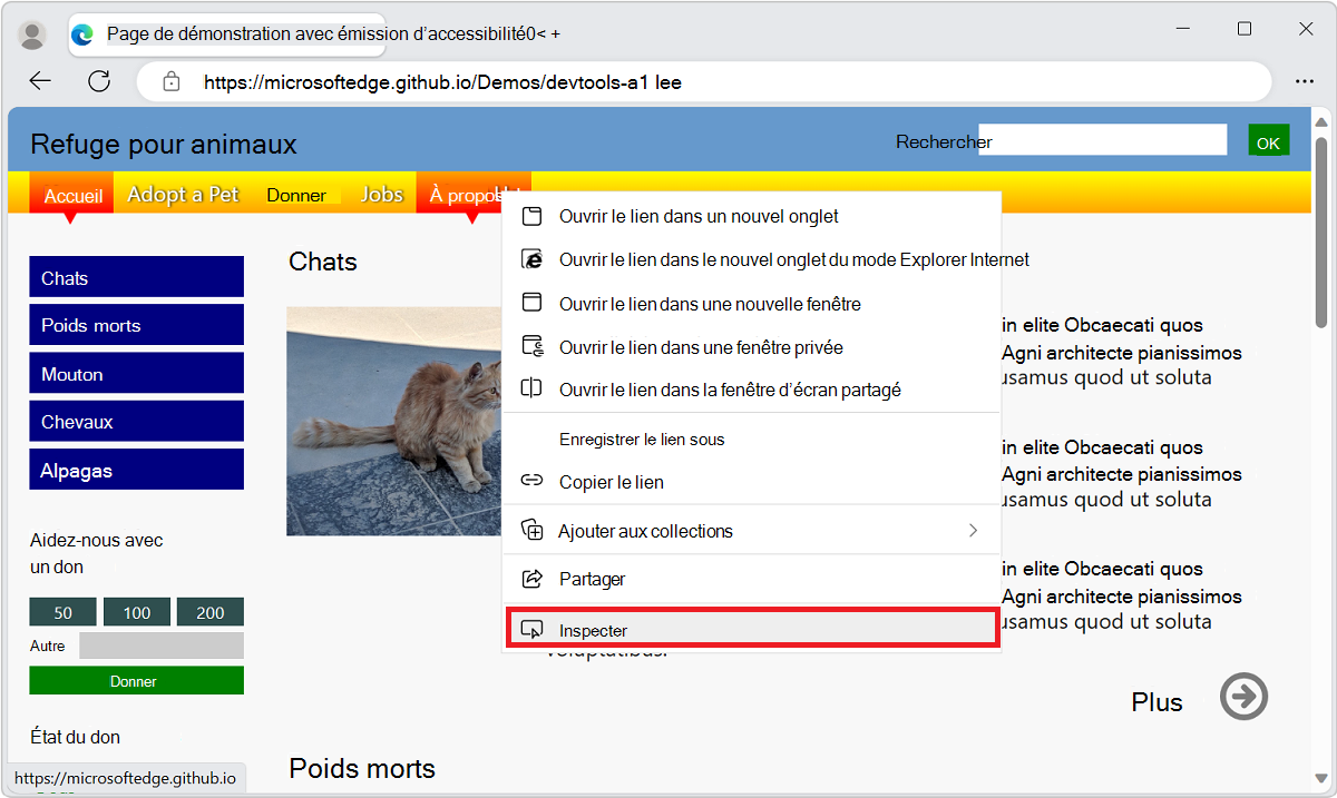 Cliquez avec le bouton droit sur un lien À notre sujet dans une page web de démonstration, puis sélectionnez la commande Inspecter
